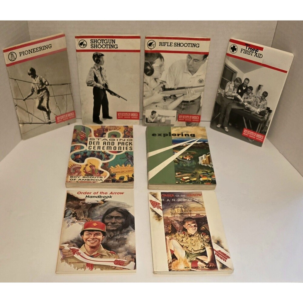 8 Vintage Boy SCOUTs Books Arrow Den & Pack Ceremonies Shotgun Rifle Shooting